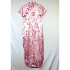 MiMi Chinese Mandrian Neck Cap Sleeve Pink Satin Floral Maxi Dress XL
